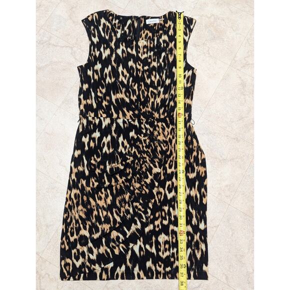 CALVIN KLEIN Leopard Print Sheath Dress Belted Black/Brown Size 10 Faux Wrap - Picture 7 of 11